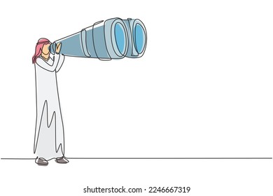 Single one line drawing happy Arab tourist man looking through big binoculars far ahead. Young gentleman is traveling with field glasses. Modern continuous line draw design graphic vector illustration