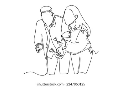 Single one line drawing happy couple having fun with fire sparklers in the new years. Hangouts With Friends concept. Continuous line draw design graphic vector illustration.