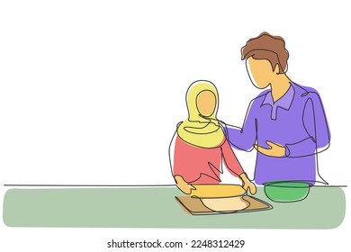 Single one line drawing happy Arabian father and daughter cook in cozy kitchen. Enjoying kneading cake dough or bakery together at home. Modern continuous line draw design graphic vector illustration