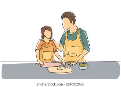 Single one line drawing happy father and daughter wearing apron cook in kitchen. Enjoying kneading cake dough or bakery together at home. Modern continuous line draw design graphic vector illustration