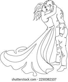 Single one line drawing happy cute married man and woman dancing on the floor at party park. Romantic young wedding couple holding hands and spinning around. Continuous line draw design graphic vector