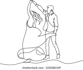 Single one line drawing happy cute married man   woman dancing the floor at party park  Romantic young wedding couple holding hands   spinning around  Continuous line draw design graphic vector