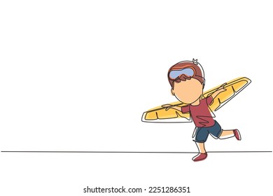 Single one line drawing happy kid boy play toy plane cardboard. Children playing toy plane cardboard, little cute kid in an astronaut costume. Continuous line draw design graphic vector illustration