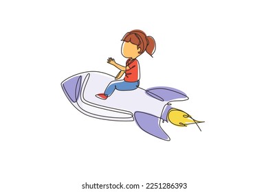 Una sola línea dibujando feliz chica está sentada sobre un cohete volador. Niño de preescolar. Niños sentados en un cohete. De vuelta a la escuela. Concepto educativo. Ilustración gráfica de diseño de trazos de línea continua