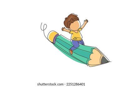 Single one line drawing happy boy sitting on flying pencil, get ready for studying. Kids riding on stationary. Back to school or creative thinking concept. Modern continuous line draw design graphic