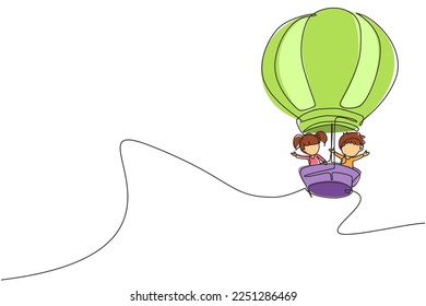 Single one line drawing happy kids riding hot air balloon. Flying smiling and lovely young children with hot air balloon on spring vacation. Continuous line draw design graphic vector illustration