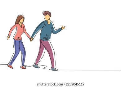 Single one line drawing happy man pulled woman hand. Romantic couple walking on romantic honeymoon promenade holiday. Couple summer vacation. Continuous line draw design graphic vector illustration