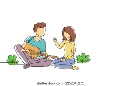 Single one line drawing happy couple of lovers has picnic on nature. Romantic man playing music on guitar, girl listen and singing together. Continuous line draw design graphic vector illustration