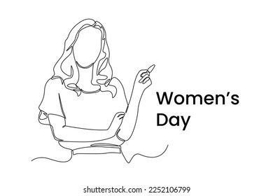 Single one line drawing happy woman pointing to International women's day. Women's day  concept. Continuous line draw design graphic vector illustration.