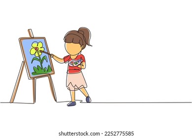 Dibujo de una sola línea alegre linda niña pequeña dibuja sobre lienzo. Niño feliz pintando sobre el caballete. Chica sonriente con pinturas y pinturas. Ilustración de líneas continuas moderna de diseño gráfico vectorial