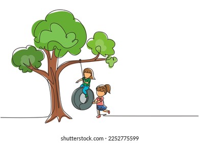 Single one line drawing happy two girls playing tire swing under tree  Cute kids swinging tire hanging from tree  Children playing in garden  Continuous line draw design graphic vector illustration