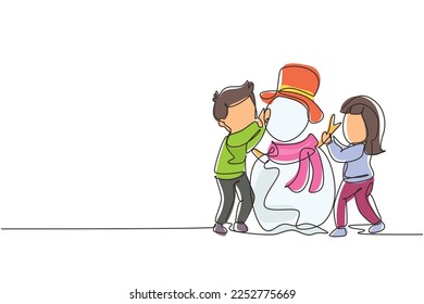 Single one line drawing happy children make snowman together. Snowy forest, little boys and girls in warm clothes, New Year's snowman. Modern continuous line draw design graphic vector illustration