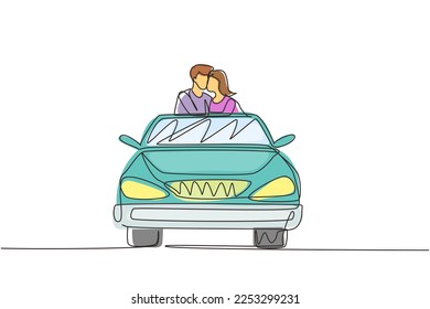 Single one line drawing happy couple on road trip in vintage retro car. Man and woman in vehicle. Married couple romantic relationship. Modern continuous line draw design graphic vector illustration