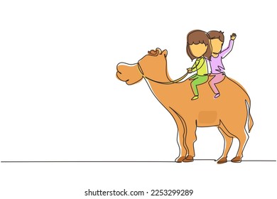 Single one line drawing happy little boy and girl riding camel together. Children sitting on hump camel with saddle in desert. Kids learning to ride camel. Continuous line draw design graphic vector