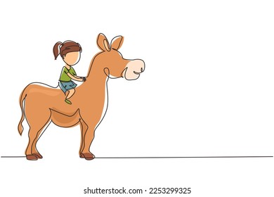 Single one line drawing happy cute girl riding cute donkey. Child sitting on back donkey with saddle in ranch park. Kid learning to ride donkey. Continuous line draw design graphic vector illustration