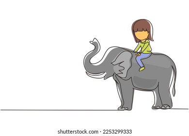 Single one line drawing happy little girl riding elephant. Child sitting on back elephant and travelling. Kids learning to ride elephant. Modern continuous line draw design graphic vector illustration