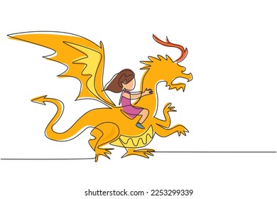 Single one line drawing happy little girl flying with fantasy dragon. Child fly and sitting on back dragon at the sky. Kids imaginary fairytale. Continuous line draw design graphic vector illustration