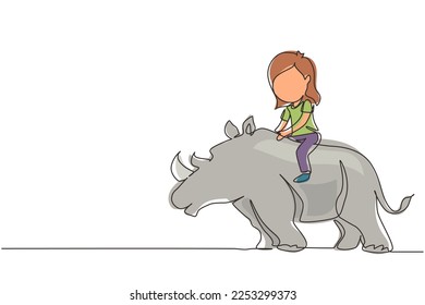 Single one line drawing happy girl riding rhino rhinoceros. Child sitting on back rhinoceros in zoo. Kids learning to ride rhinoceros. Modern continuous line draw design graphic vector illustration