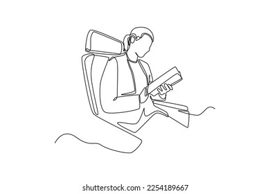 Single one line drawing happy woman seats traveling by aircraft  Air transportation concept  Continuous line draw design graphic vector illustration 