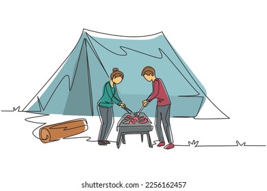 Single one line drawing happy couple are having barbecue in the mountain. Man woman camping in forest, active recreation, romantic date out of town. Continuous line draw design vector illustration