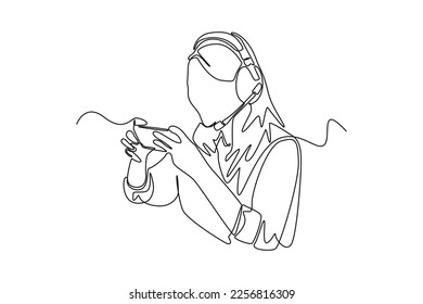 Single one line drawing happy young girl wearing headset playing online video game on his smartphone. E-sports game concept. Continuous line draw design graphic vector illustration.