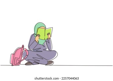 Single one line drawing happy young Arab woman reading book sitting on floor. Smart female reader enjoying literature, studying and preparing for exam. Continuous line draw design vector illustration