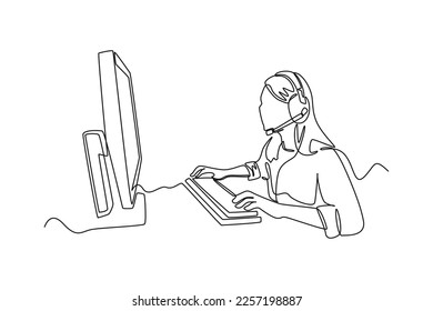 Single one line drawing happy girl wearing headset playing online video game on her computer. E-sports game concept. Continuous line draw design graphic vector illustration.