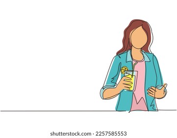 Single one line drawing happy woman showing summer refreshing fruit flavored infused water with fresh organic lemon, lime, mint at glass. Relax time. Continuous line draw design vector illustration