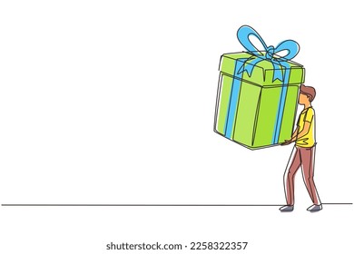 Single one line drawing happy man carrying a big present box. The creative idea of earning a reward, gift, or prize. Concept of celebration. Continuous line draw design graphic vector illustration