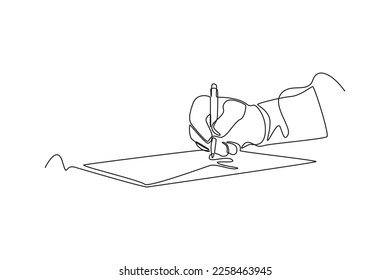 Single one line drawing happy man hands holding pen and filling tax form. Tax concept. Continuous line draw design graphic vector illustration.