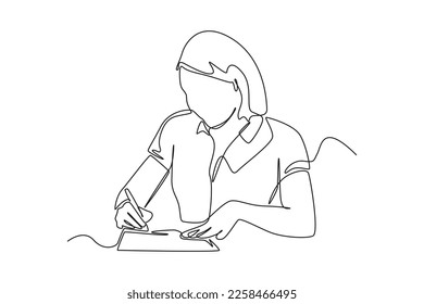 Single one line drawing happy business woman hand holding pen and filling tax form. Tax concept. Continuous line draw design graphic vector illustration.