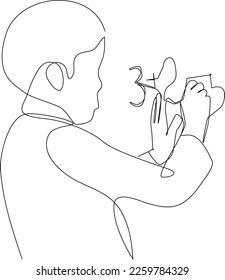 Single one line drawing happy kids boy writing solution of sums on white board. Math is fun concept. Continuous line draw design graphic vector illustration.