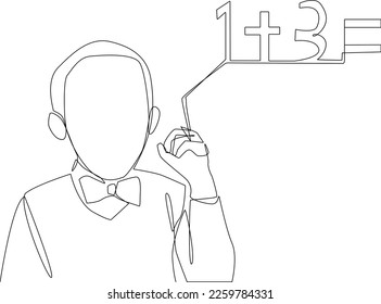 Single one line drawing happy kids boy writing solution of sums on white board. Math is fun concept. Continuous line draw design graphic vector illustration.