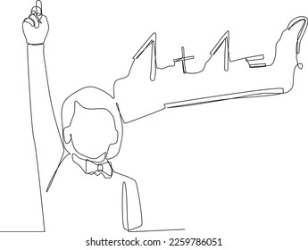 Single one line drawing happy girl writing solution of sums on white board. Math is fun concept. Continuous line draw design graphic vector illustration.