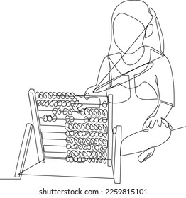 Single one line drawing happy Little girl using wooden abacus doing math exercise learning addition and counting. Math is fun concept. Continuous line draw design graphic vector illustration.