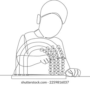 Single one line drawing happy Little boy using wooden abacus doing math exercise learning addition and counting. Math is fun concept. Continuous line draw design graphic vector illustration.