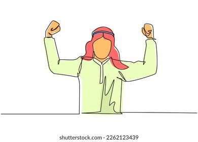 Single one line drawing happy Arabian male employee of company stands in strong pose. Businessman gestures hand. Office worker. Achievement concept. Continuous line draw design vector illustration