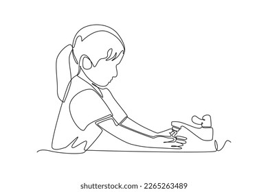 Dibujo de una sola línea feliz, linda niña pequeña, lava la mano en el lavabo. Salud en el concepto escolar. Ilustración gráfica de vector de diseño de línea continua.