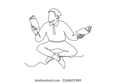 Single one line drawing happy boy reading two books. World book day concept. Continuous line draw design graphic vector illustration.