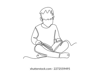 Dibujo de una sola línea niño feliz sentado mientras lee un libro. Concepto del Día Mundial del Libro. Ilustración gráfica de vector de diseño de línea continua.