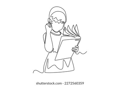 Single one line drawing happy girl reading book. World book day concept. Continuous line draw design graphic vector illustration.