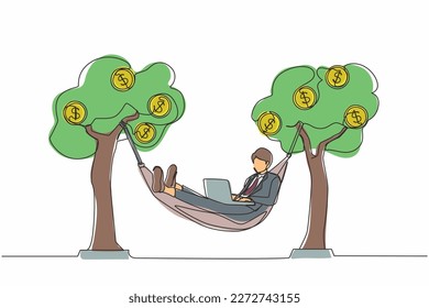 Single one line drawing happy rich businessman typing with laptop in hammock tied on money tree with dollar coins. Make profit or dividend from investment. Continuous line draw design graphic vector