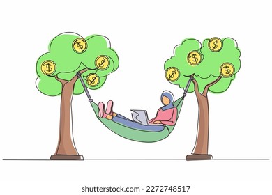 Single one line drawing happy rich Arab businesswoman typing with laptop in hammock tied on money tree with dollar coins. Make profit or dividend from investment. Continuous line design graphic vector
