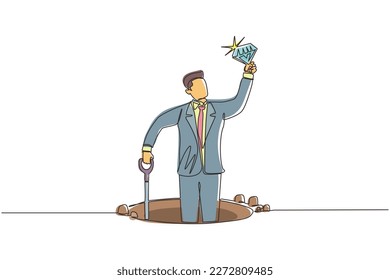 Un solo dibujo de una sola línea feliz hombre de negocios sostiene y encuentra diamantes del suelo. Emocionado buscador de tesoros con piedras preciosas en la mano. Atesora la caza de oro. Ilustración vectorial de dibujo de línea continua