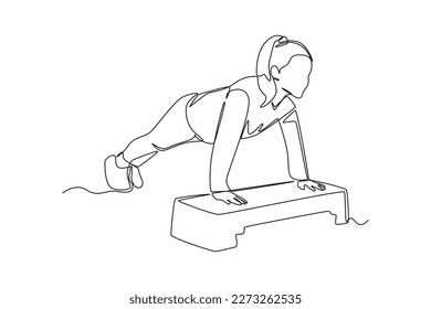 Single one line drawing happy girl doing push up. Fitness activity concept. Continuous line draw design graphic vector illustration.