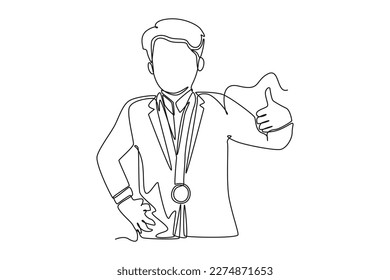 Single one line drawing happy man getting a medal while giving a thumb up. Employee appreciation day concept. Continuous line draw design graphic vector illustration.