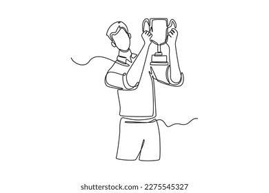 Single one line drawing happy employee raised a trophy of appreciation. Employee appreciation day concept. Continuous line draw design graphic vector illustration.