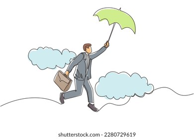 Dibujo de una sola línea de un rico hombre de negocios que vuela con su maletín de paraguas. El trabajador de oficina logra la independencia financiera. Ilustración gráfica de diseño de trazos de línea continua