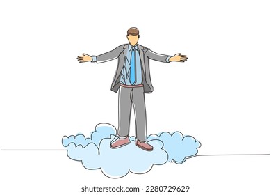 Single one line drawing happy businessman on top of cloud with raised hands. Successful business concept. Financial freedom, happiness, peaceful. Continuous line design graphic vector illustration