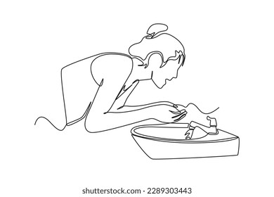 Eine einzige Linie zieht glückliche Frau, die sich das Gesicht mit Wasser wäscht. Das Konzept der Bademäntel. Grafische Vektorgrafik für kontinuierliche Zeilenzeichnung.